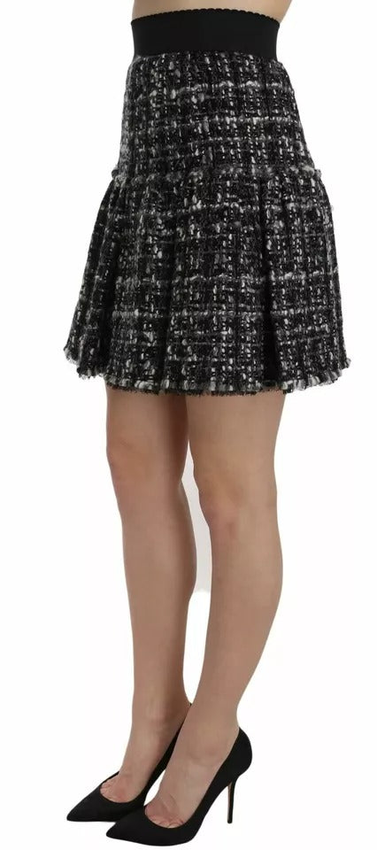 Black Check Flounce Detailed Wool Mini Skirt