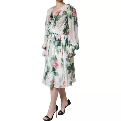 White Silk Floral Print A-line Midi Dress