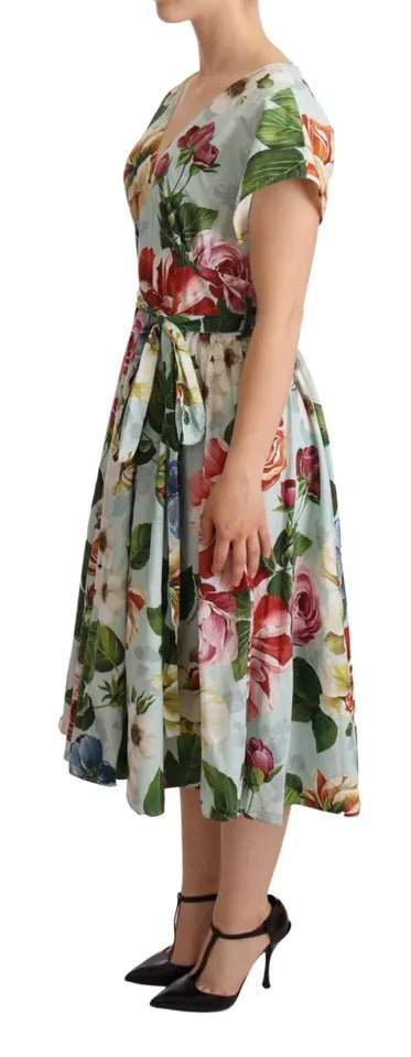 Green Floral Short Sleeves V-neck Dress