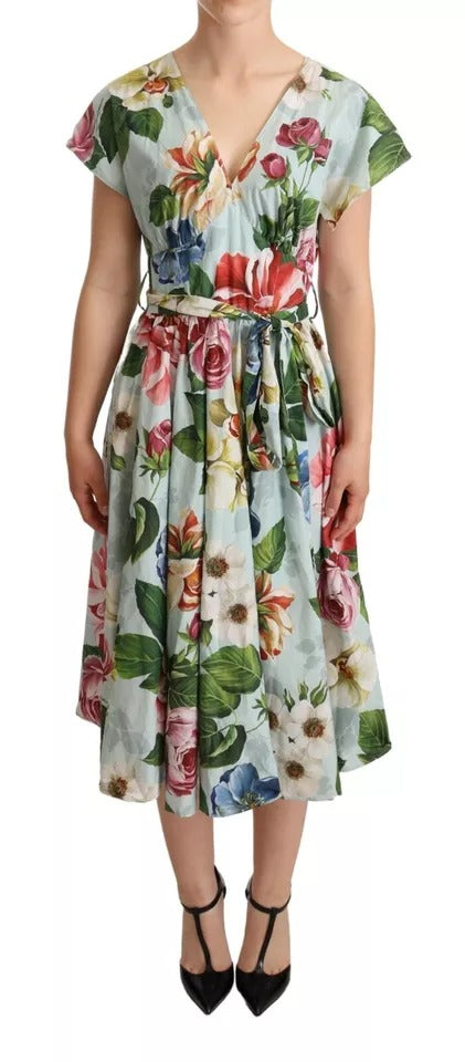 Green Floral Short Sleeves V-neck Dress