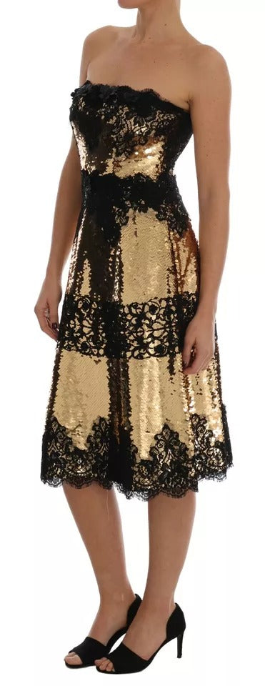 Gold Strapless Sequin Embellished Lace Dress