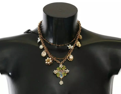 Gold Brass Crystal Floral Statement Charms Necklace