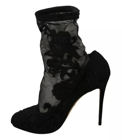 Black Tulle Stretch Floral Booties Shoes