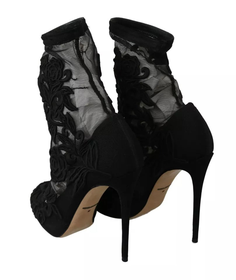 Black Tulle Stretch Floral Booties Shoes