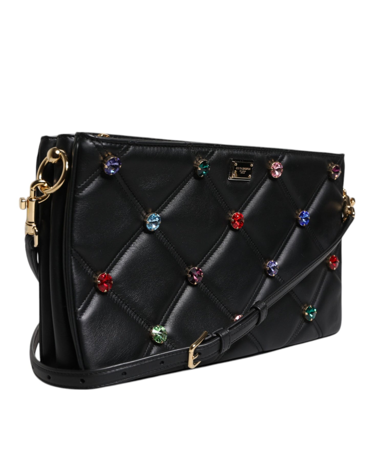 Black Leather Crystal Embellished Logo Shoulder Bag