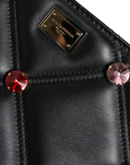 Black Leather Crystal Embellished Logo Shoulder Bag