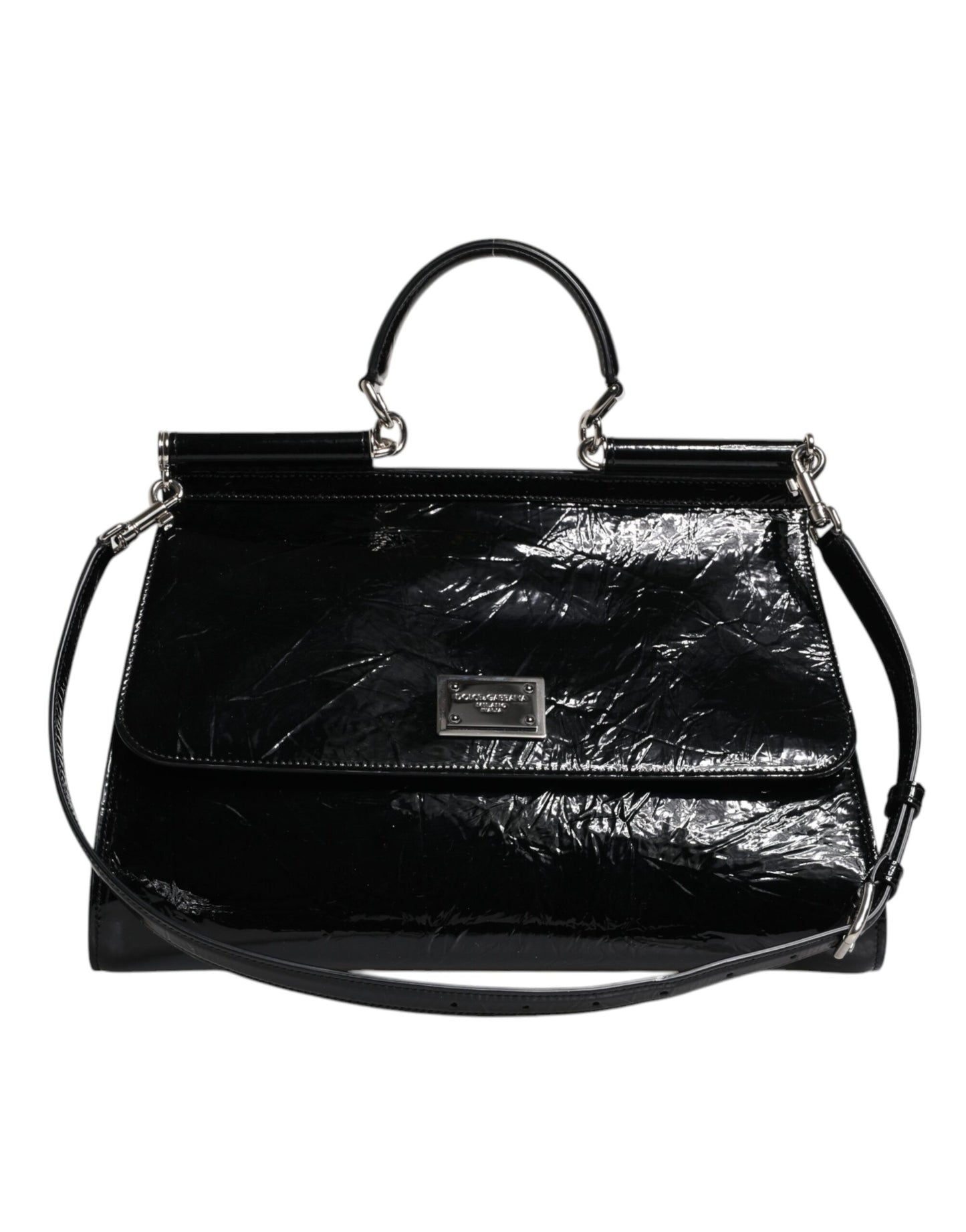 Black Leather SICILY Logo Top Handle Shoulder Bag