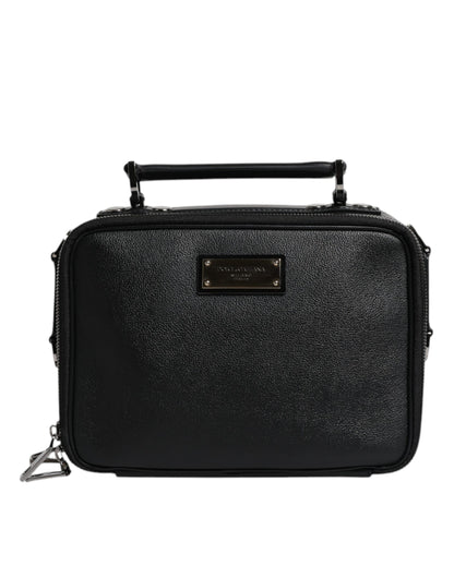 Black Nylon Leather Logo Top Handle Crossbody Bag