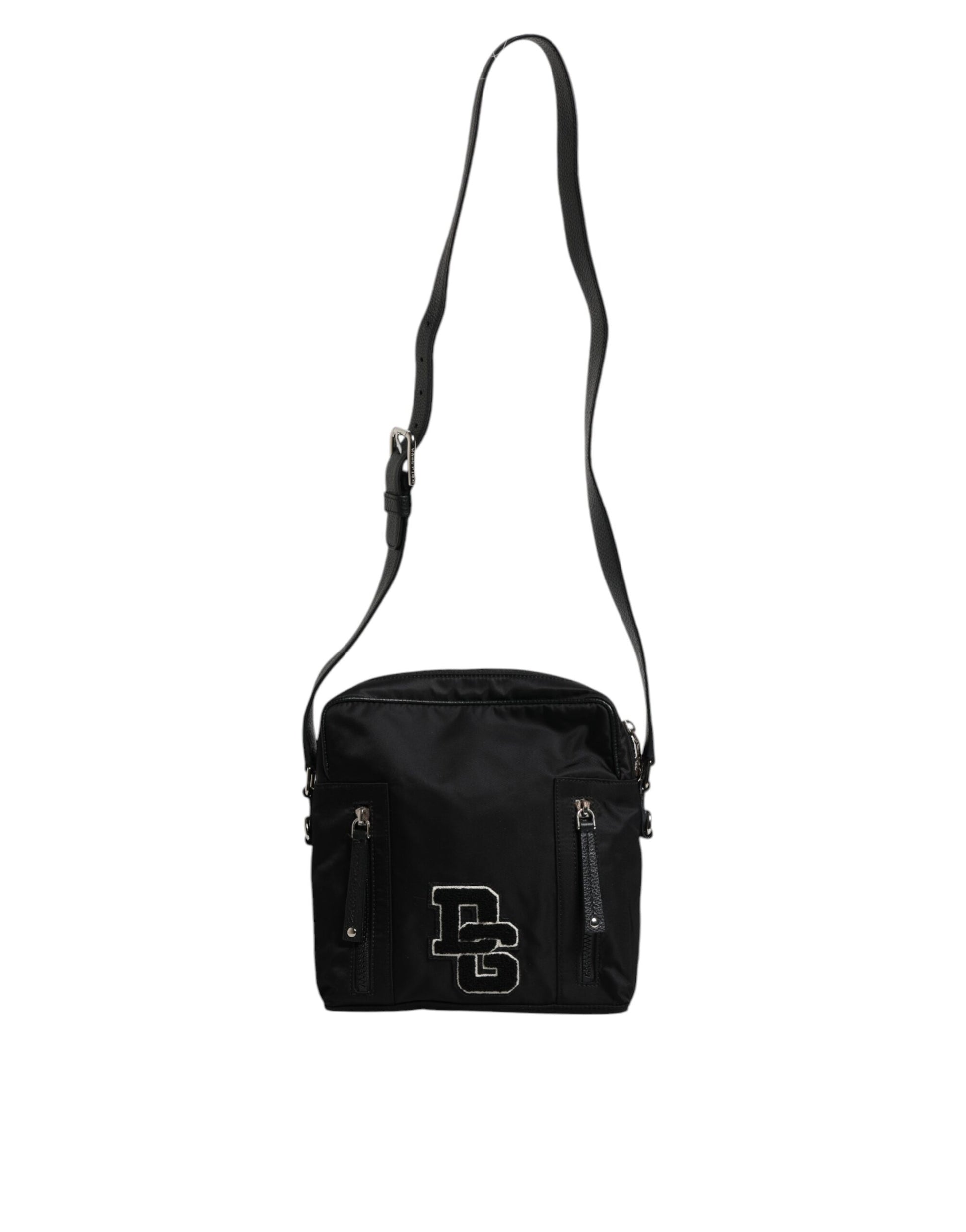 Black Nylon Leather DG Patch Messenger Crossbody Bag