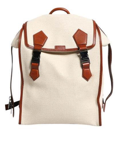 Beige Brown Canvas Leather Travel Back Pack Bag