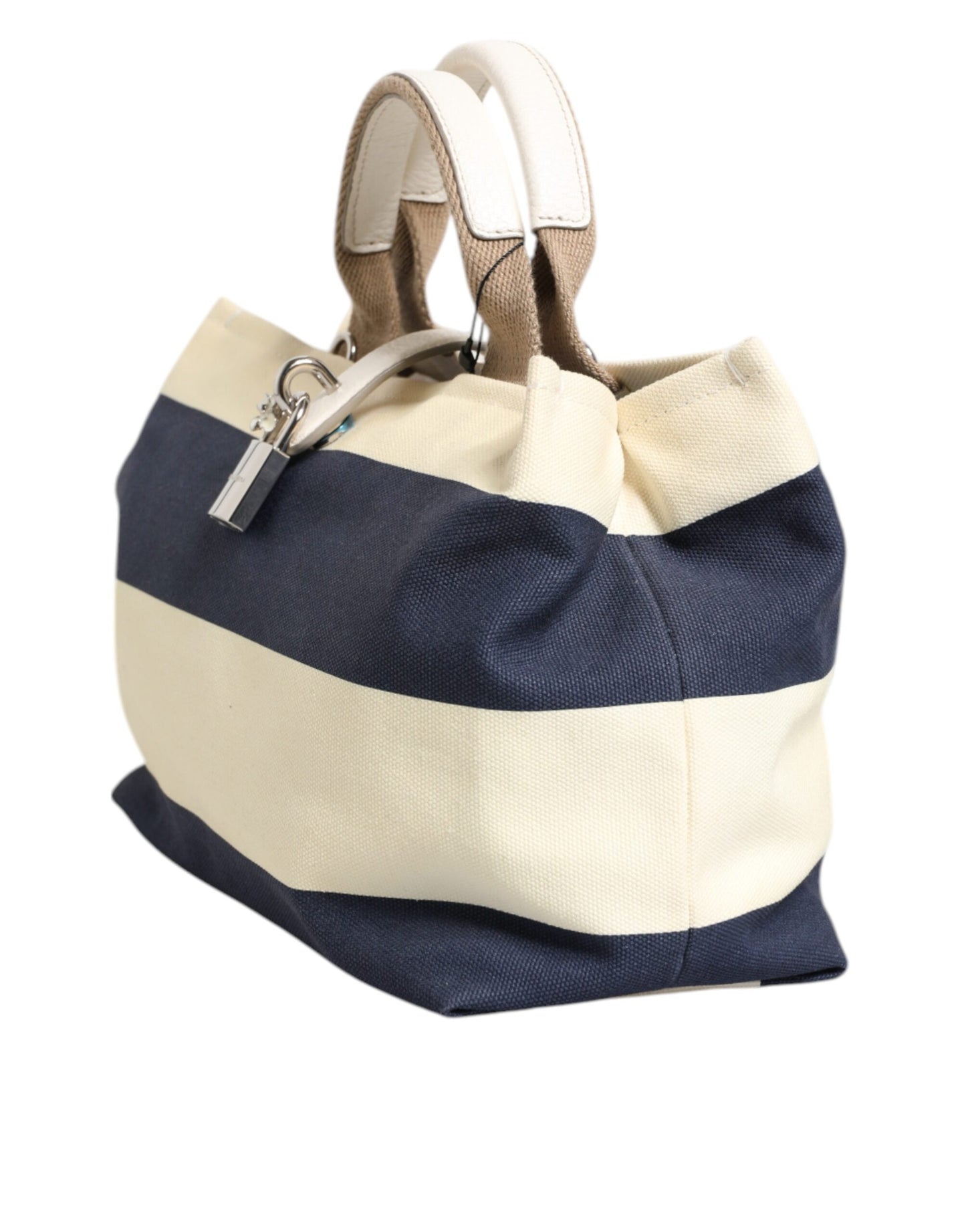 White Navy Striped Canvas Top Handle Tote Bag