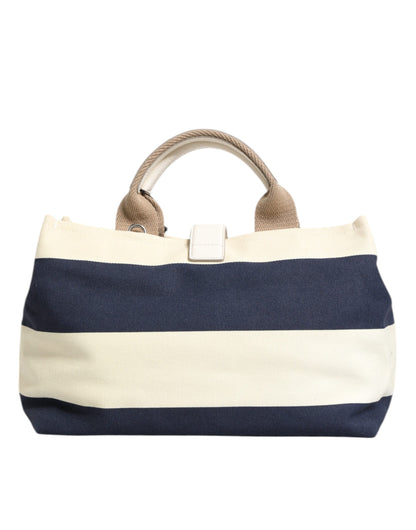 White Navy Striped Canvas Top Handle Tote Bag