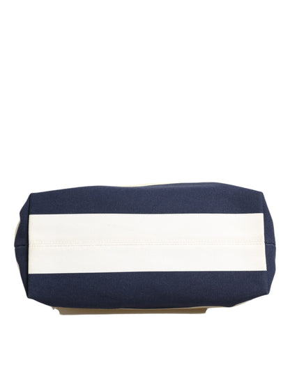 White Navy Striped Canvas Top Handle Tote Bag