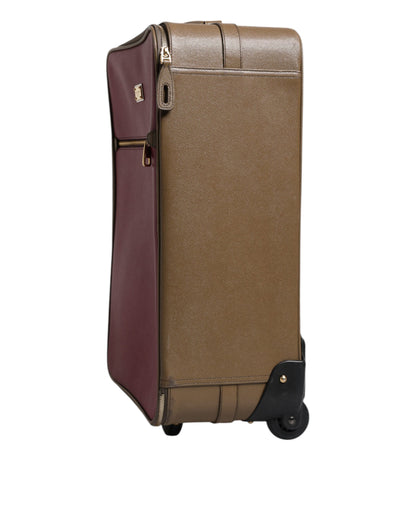 Fuchsia Khaki Leather Trolley Travel Wheel Suitcase Bag