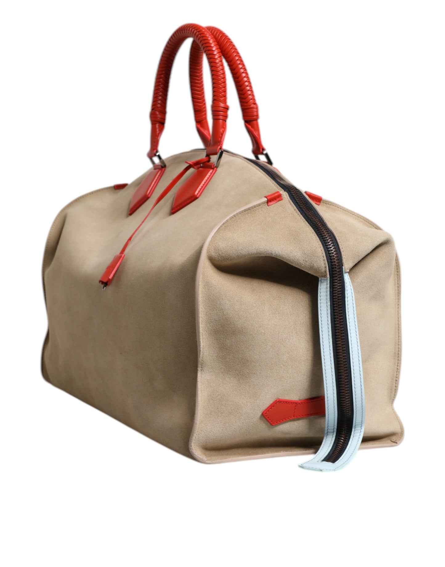 Beige Suede Leather Top Handle Duffle Bag