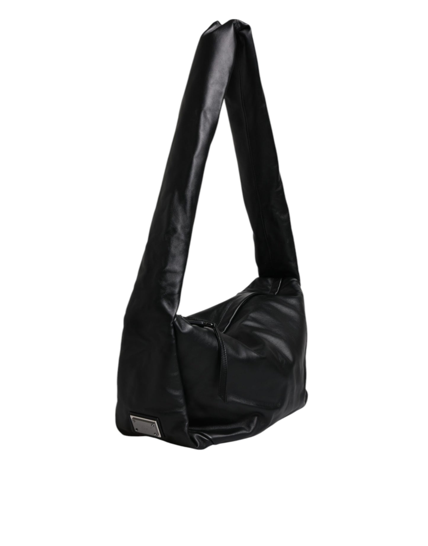 Black Leather Logo Plaque Shoulder Bag