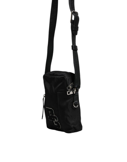 Black Nylon Leather DG Patch Messenger Crossbody Bag