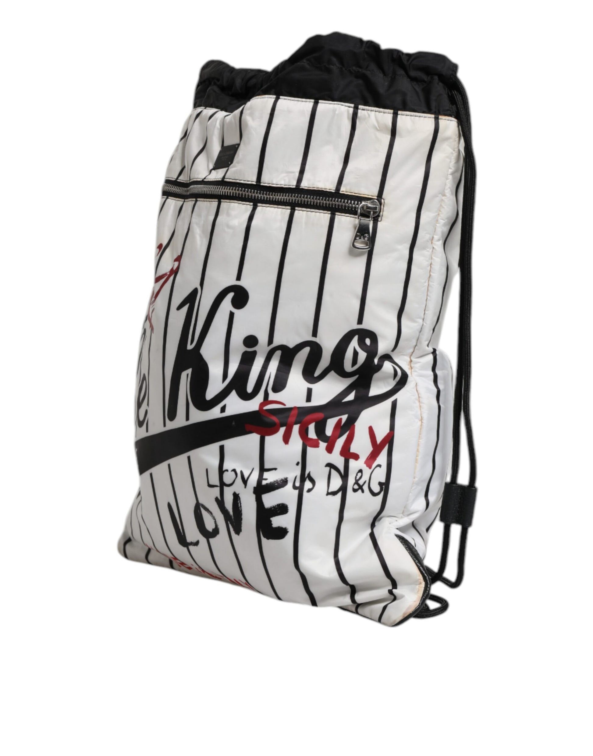 Black White Striped Polyester Drawstring Backpack Bag