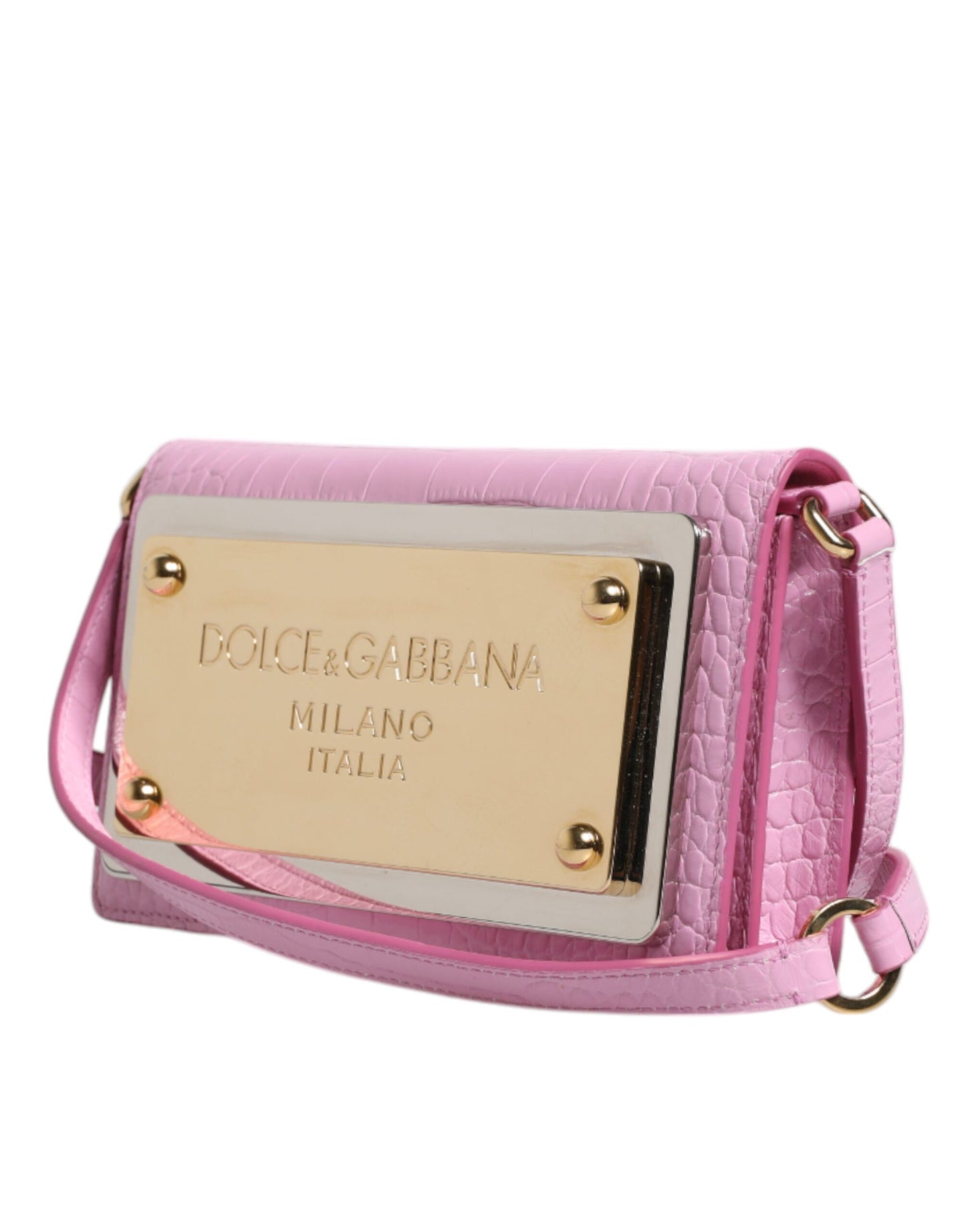 Bolso bandolera con placa de logotipo en piel exótica color rosa