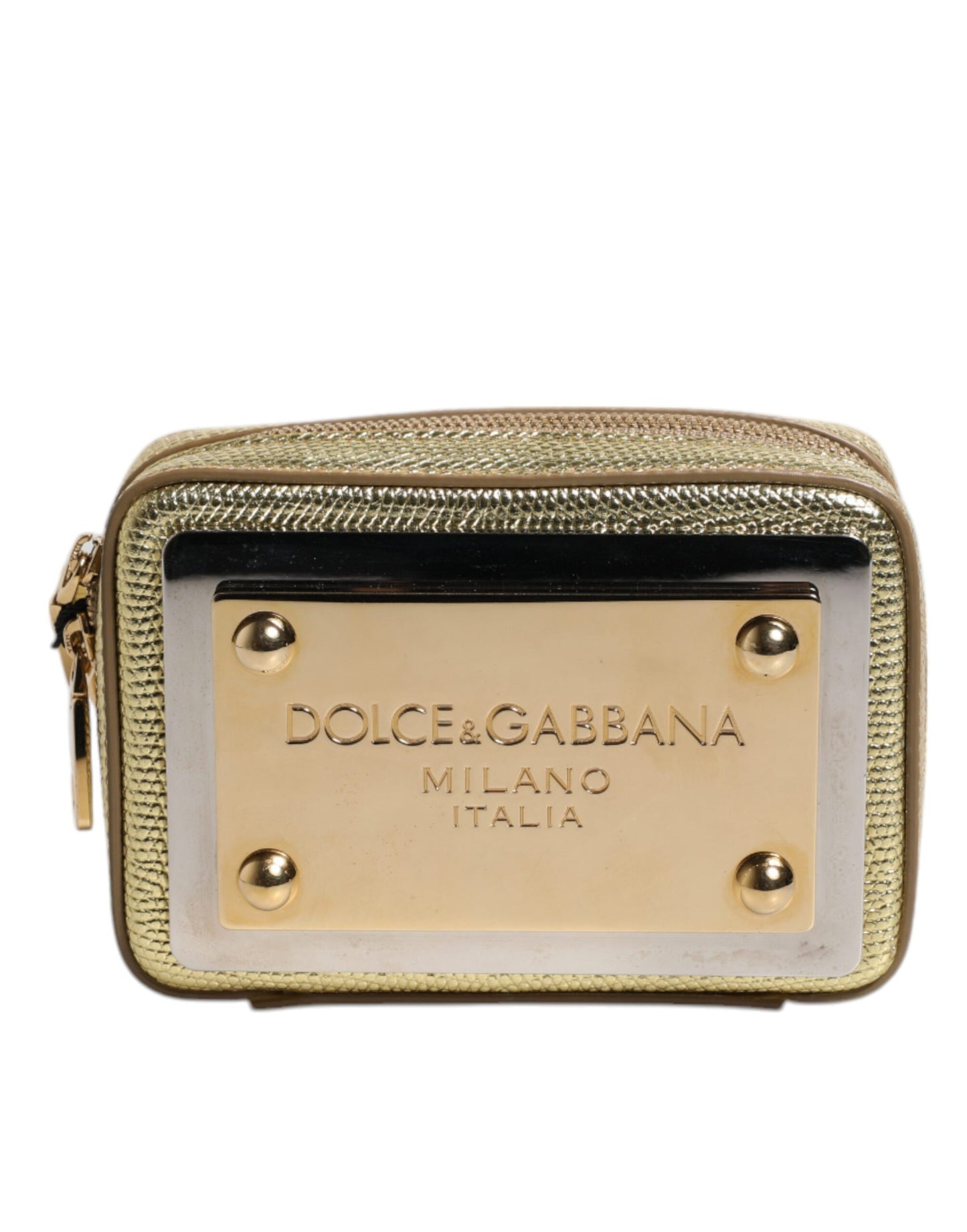 Bolso de mano con cremallera y placa con el logotipo de DG en piel dorada