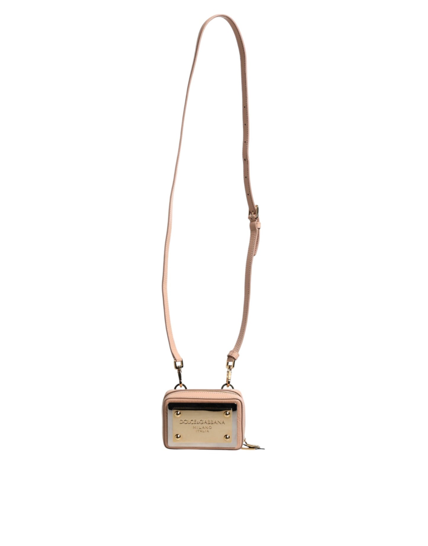 Bolso bandolera de piel color nude con placa del logotipo