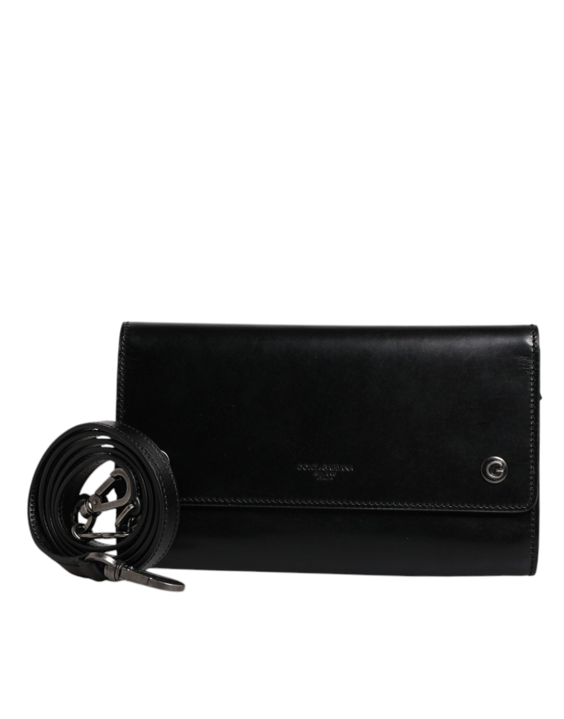 Black Leather Logo Embossed Crossbody Bag