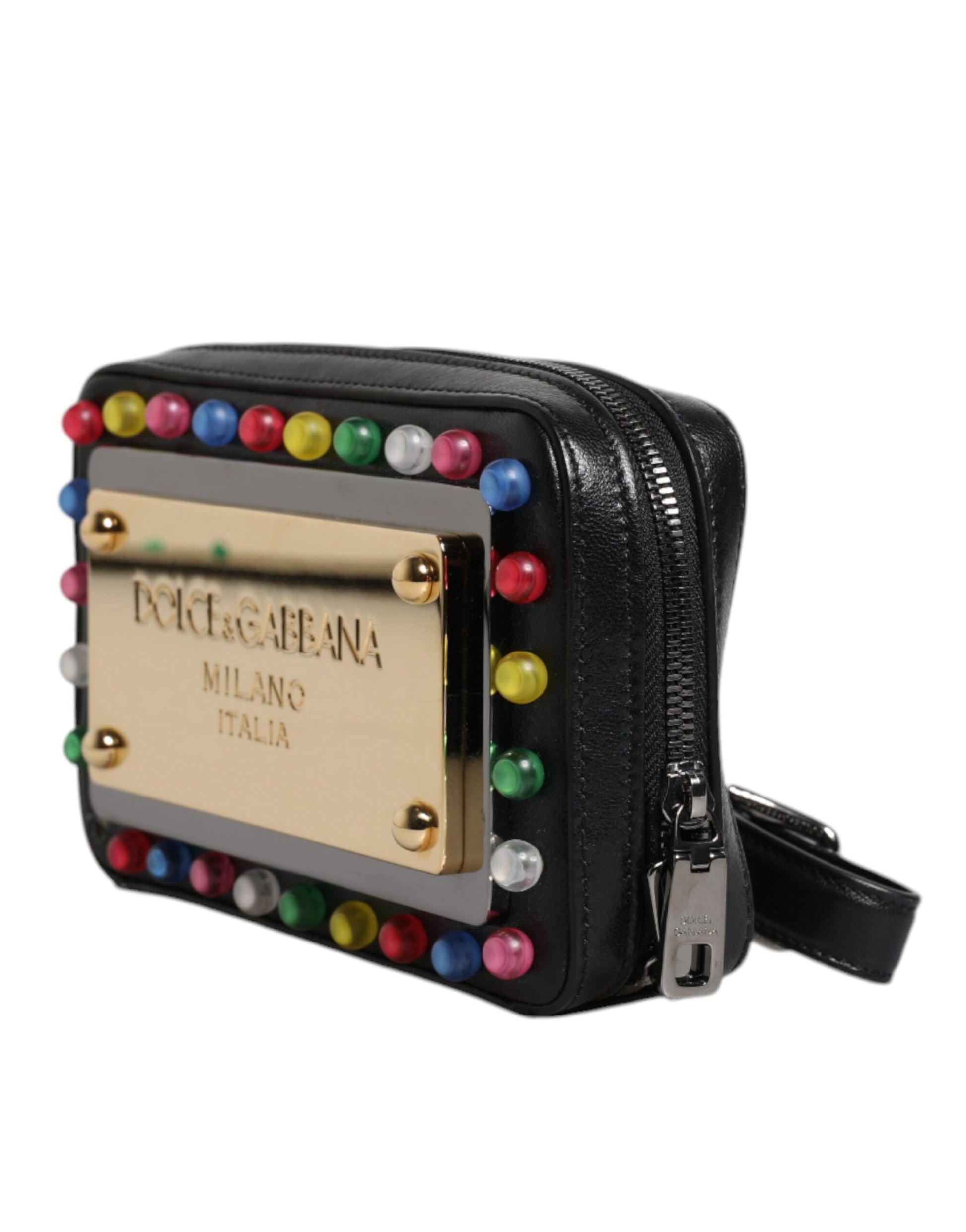 Black Leather LED Logo Wrist Strap Clutch Bag