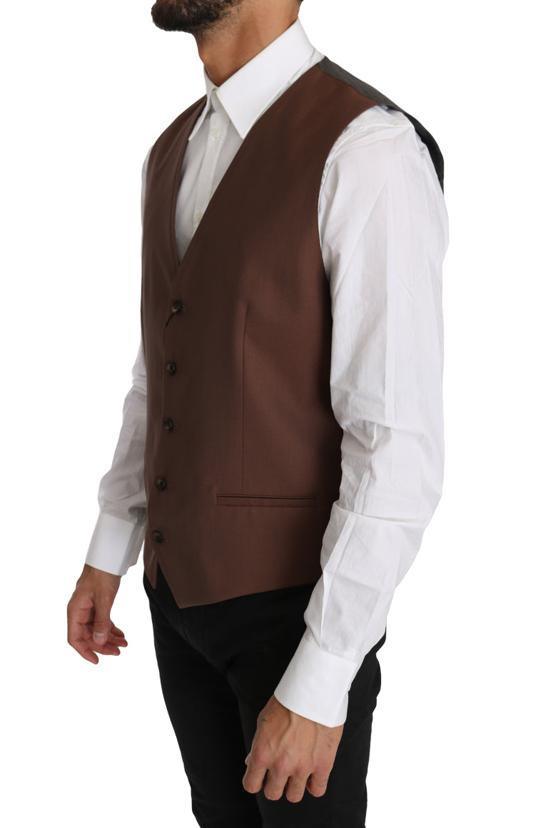 Chaleco formal elegante de color bronce y gris, corte ajustado