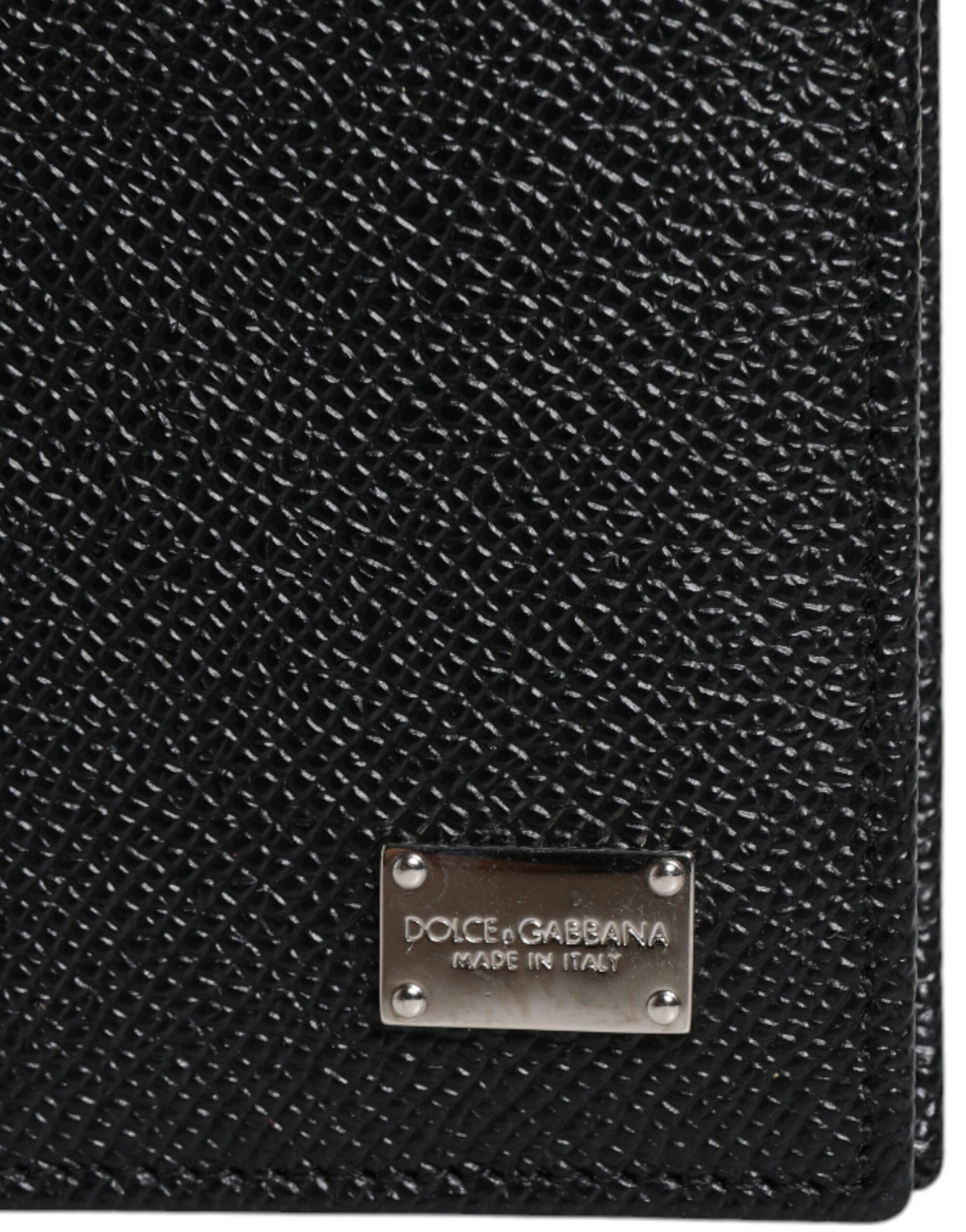 Cartera con placa del logotipo y tarjetero de cuero negro plegable para hombre