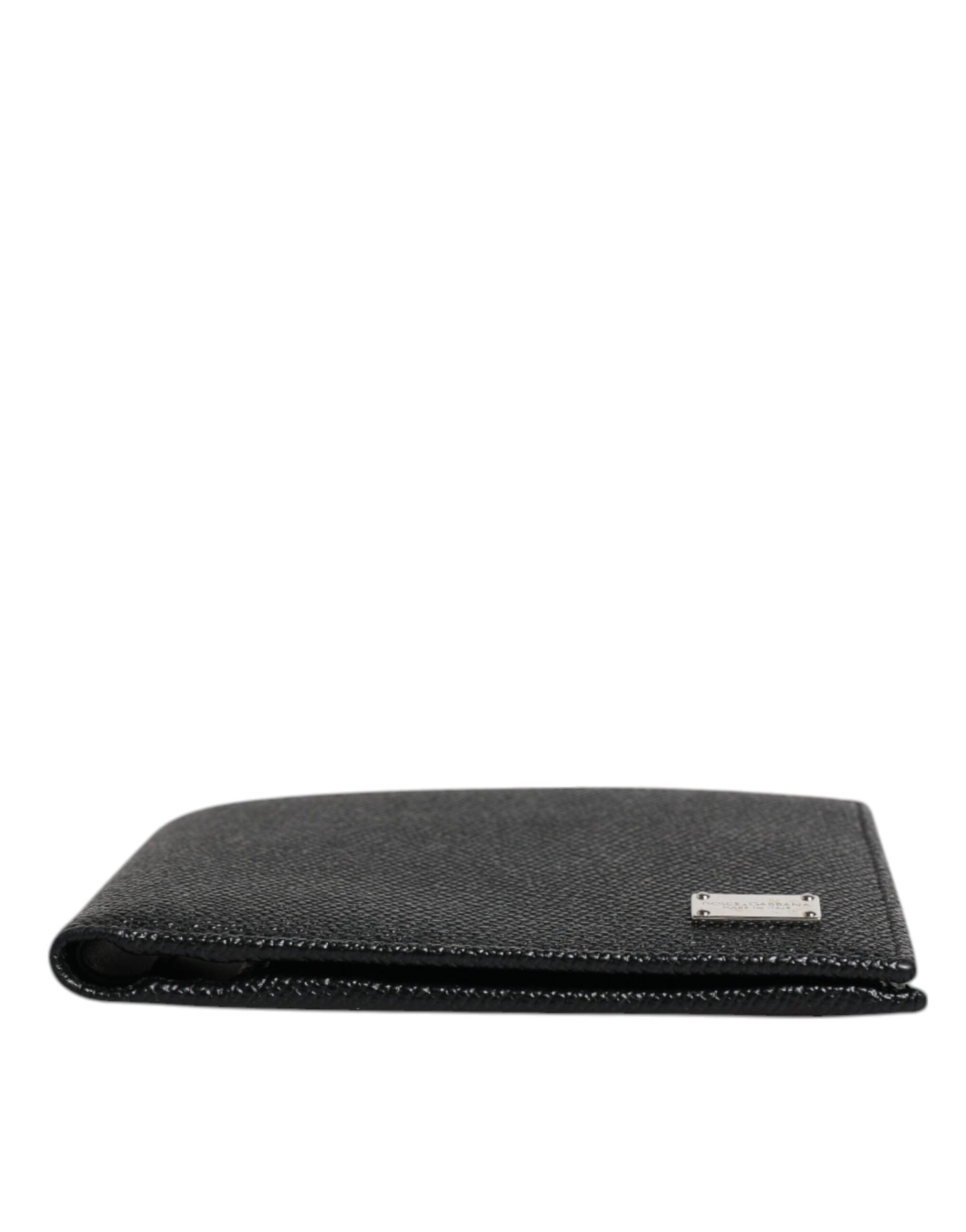 Cartera con placa del logotipo y tarjetero de cuero negro plegable para hombre