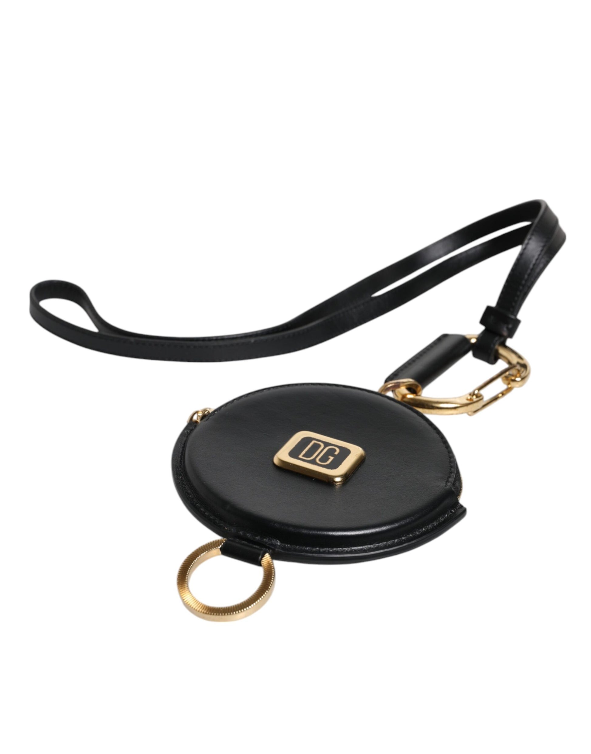 Cartera redonda de cuero negro DG Logo Coin Purse Lanyard