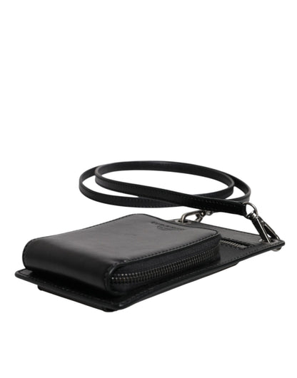 Black Horse Leather Zip Logo Shoulder Neck Strap Wallet