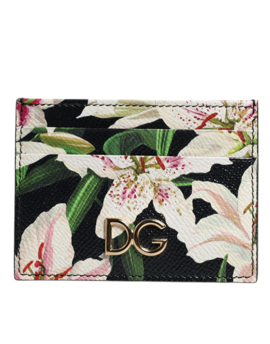 Tarjetero de Piel Floral Negro Cartera con Logotipo DG