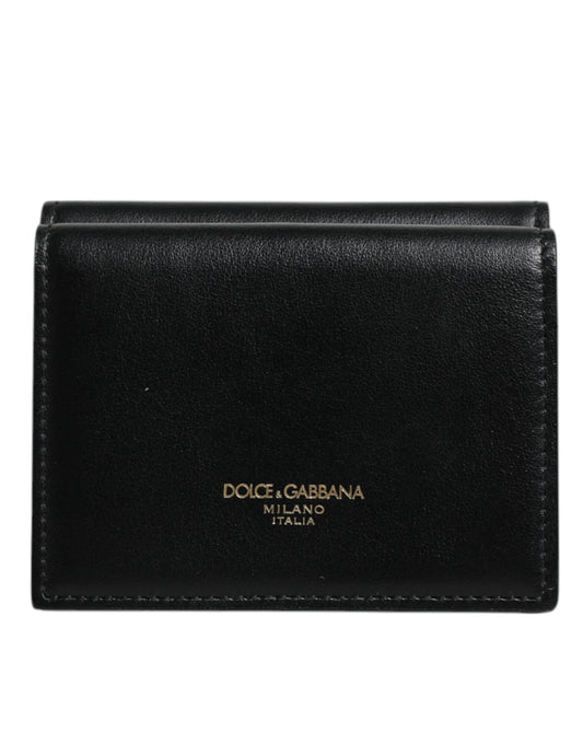 Black Leather Folding Card Holder Logo Print Wallet