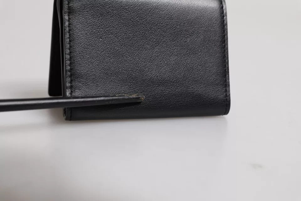 Black Leather Folding Card Holder Logo Print Wallet