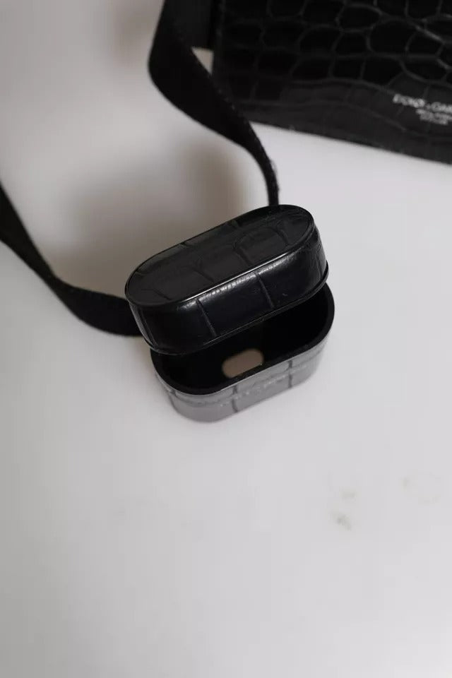 Cartera monedero de piel de cocodrilo negra para Airpods