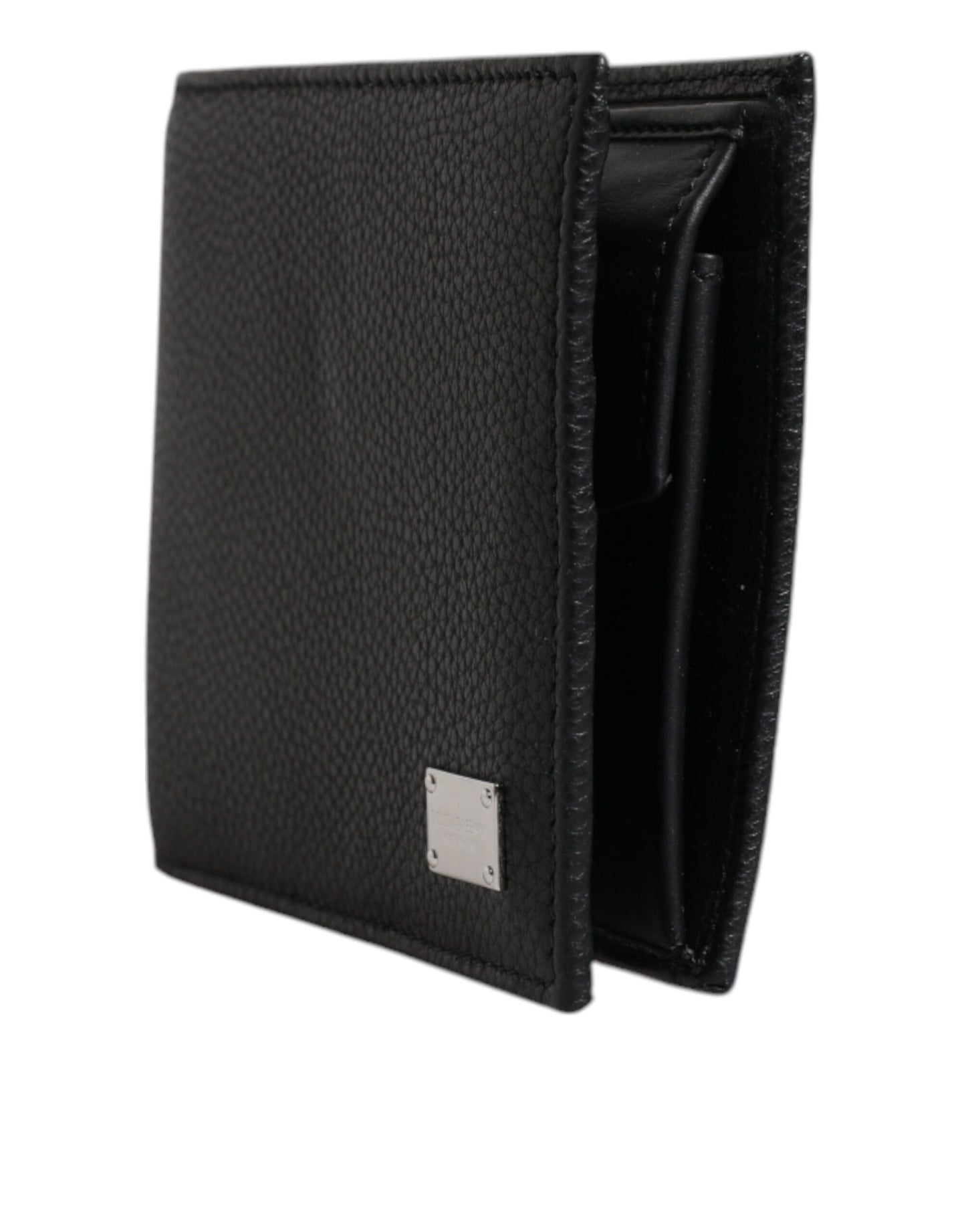 Black Leather Bifold Card Holder Men Logo Plaque Wallet