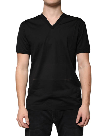 Black Cotton V-neck Short Sleeves T-shirt