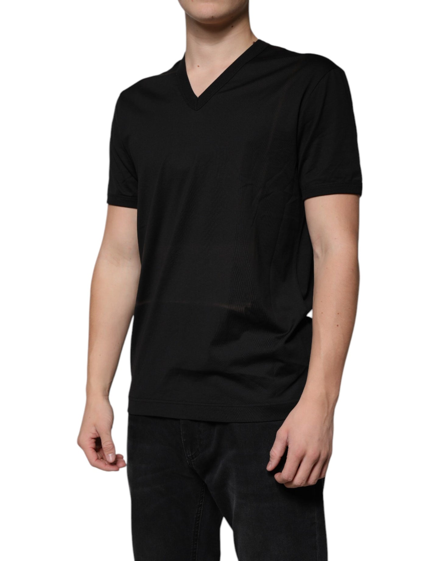 Black Cotton V-neck Short Sleeves T-shirt