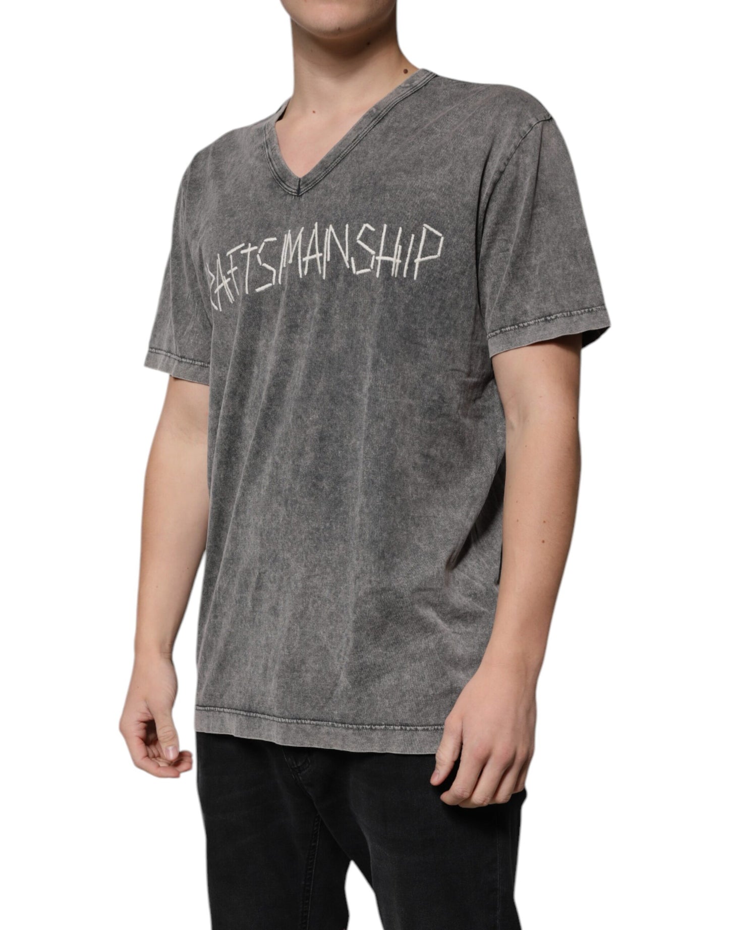 Gray Cotton V-neck Short Sleeves T-shirt