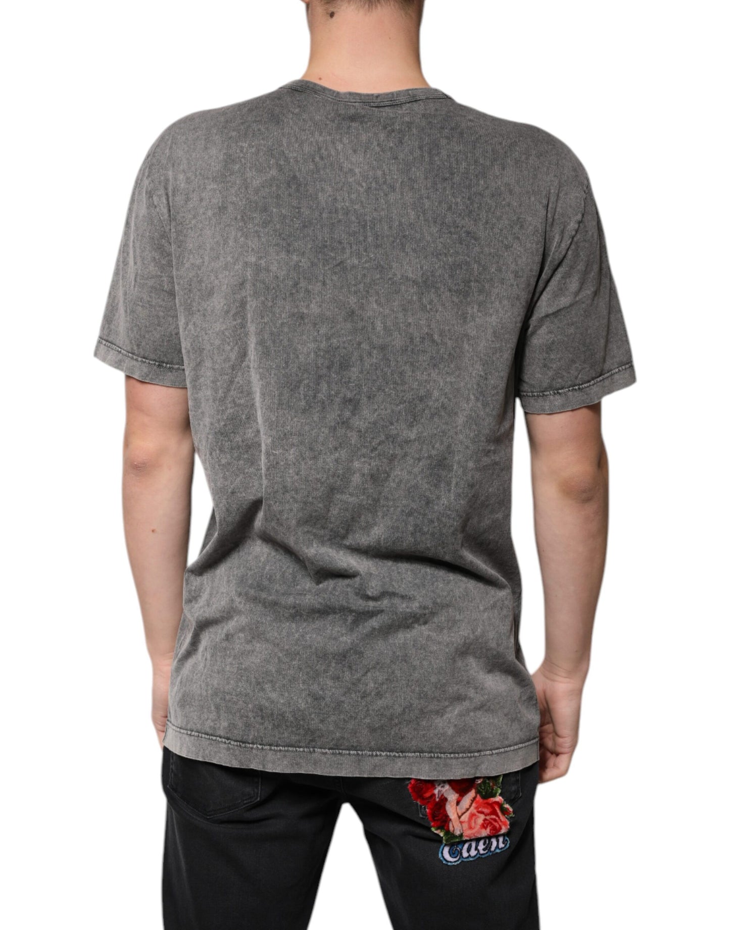 Gray Cotton V-neck Short Sleeves T-shirt