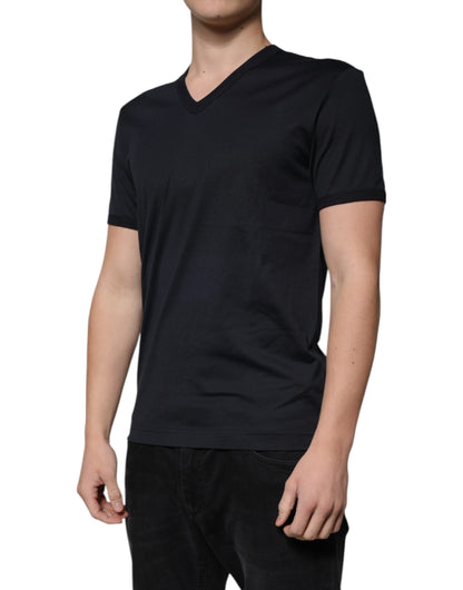 Black Cotton V-neck Short Sleeves T-shirt