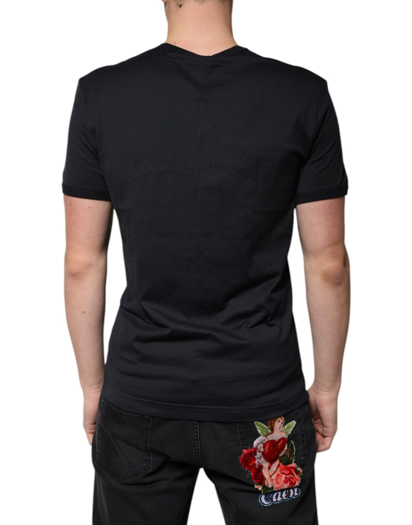 Black Cotton V-neck Short Sleeves T-shirt