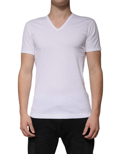 White Cotton V-neck Short Sleeves T-shirt