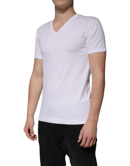 White Cotton V-neck Short Sleeves T-shirt