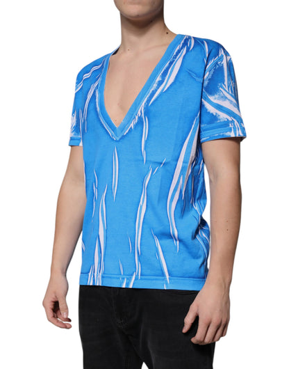 Blue Cotton V-neck Short Sleeves T-shirt