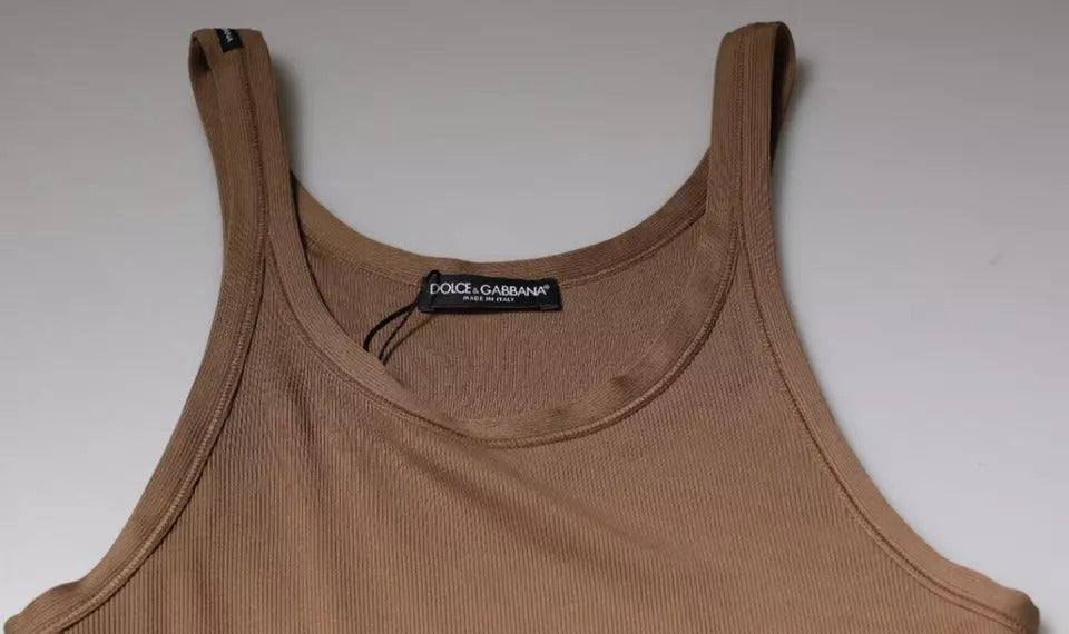 Brown Cotton Sleeveless Round Neck Tank T-shirt