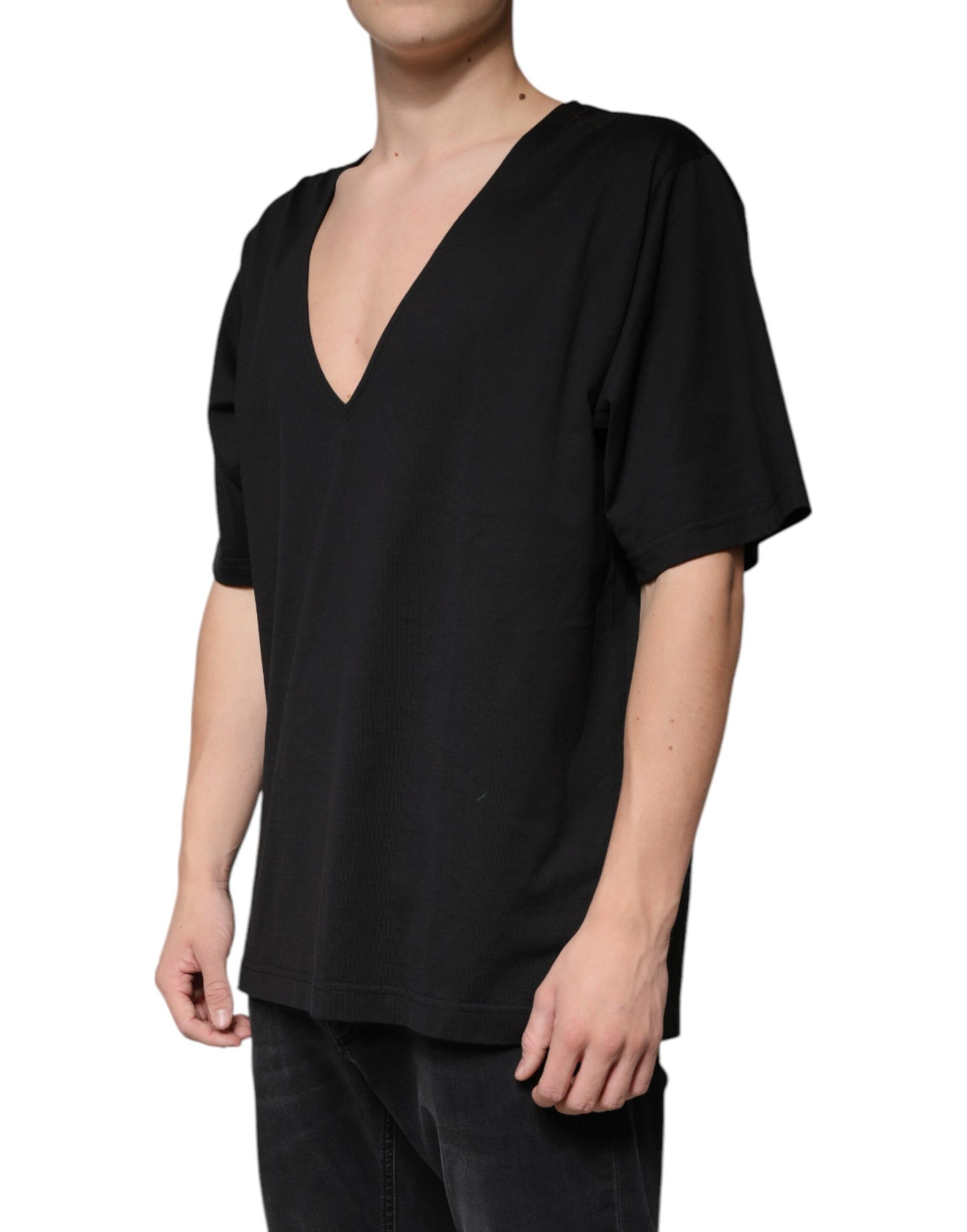 Black Cotton V-neck Short Sleeves T-shirt