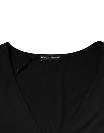 Black Cotton V-neck Short Sleeves T-shirt