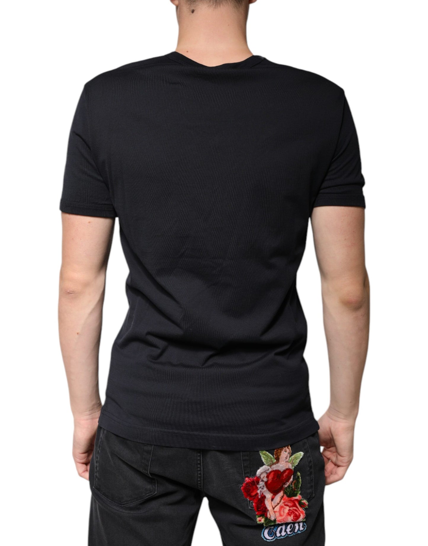 Black Cotton V-neck Short Sleeves T-shirt